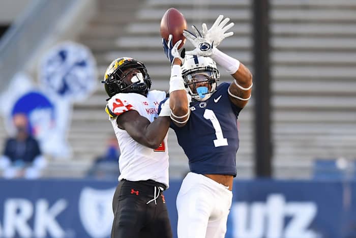 Penn State safety Jaquan Brisker (1) breaks up a pass intended for Maryland receiver Rakim Jarrett (5). Mandatory Credit: Rich Barnes-USA TODAY Sports
